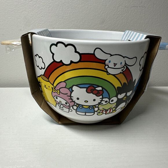 Sanrio Hello Kitty and Friends Rainbow Ceramic Ramen Bowl with Chopsticks 20 oz - Picture 1 of 3